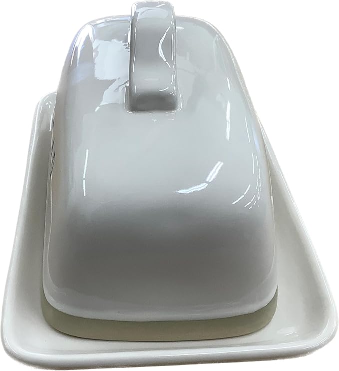 Rae Dunn Ceramic Butter Dish with Lid, SCHMEAR, White and Beige, Two-Tone