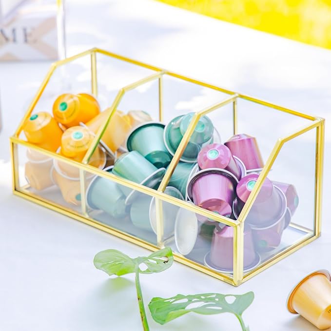 NCYP Glass Tea Bags Organizer with 3 Slots, Brass Open Display Case, Kitchen Cabinet Gold Decor Box, Indoor Counter Teabag Storage Rack, 8.7 x 3.6 x 3.6 Inches (Glass Box Only)