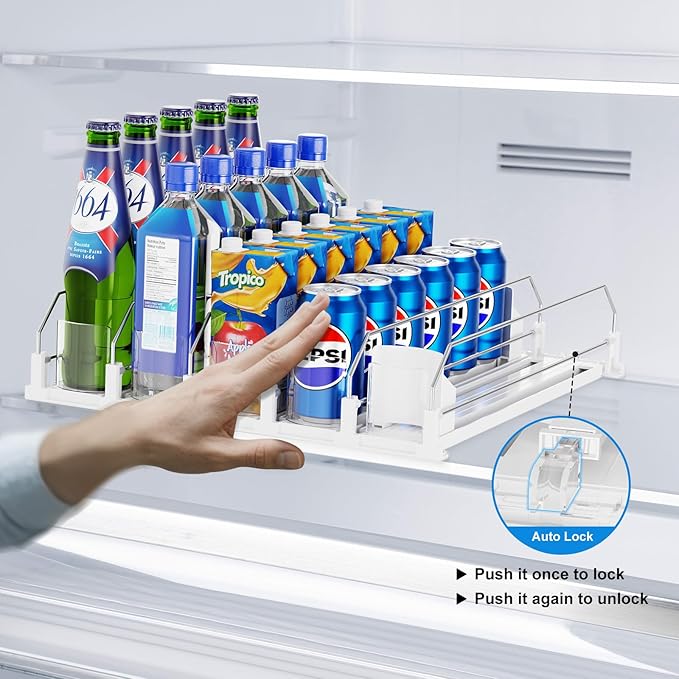 Dayacoco Drink Organizer for Fridge,5 Rows Fridge Soda Can Organizer,20oz 16oz 12oz-Self Pushing Soda Dispenser for Fridge,Adjustable Width-Holds up to 25 Cans,White