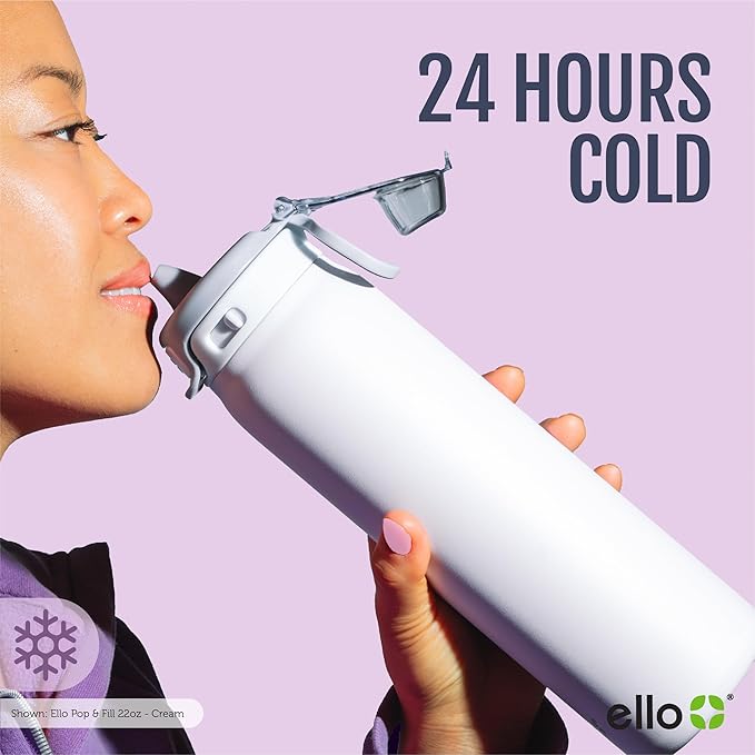 Ello Pop & Fill 40oz Stainless Steel Water Bottle with Quick Fill Technology, Double Walled and Vacuum Insulated Metal, Leak Proof Locking Lid, Sip and Chug, Reusable, BPA Free, Cherry Breeze