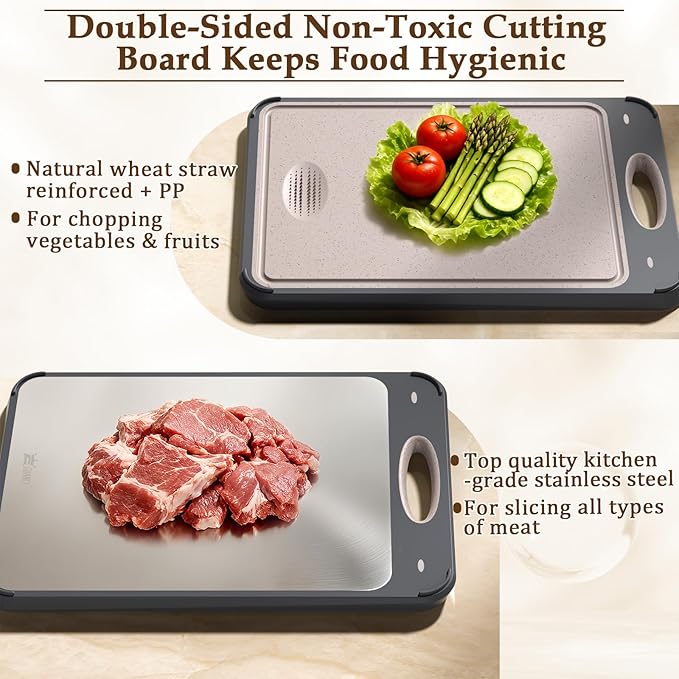 GUANCI Cutting Board for Kitchen Double Sided 304 Stainless Steel Chopping Board Food-Grade Stainless Steel and Wheat Straw PP Samll Size 14’’×9.6’’ Easy to Clean