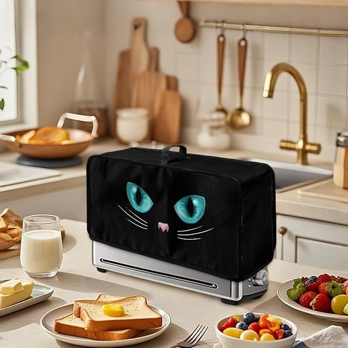 Black Cover for 2 Slice Slim Toaster Cat Face Toaster Cover 2 Slice Long Slot, Heat Resistant Lightweight Small Appliance Covers, Easy to Clean Bread Machine Protector