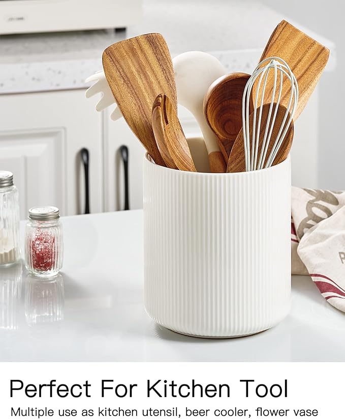 getstar Large Kitchen Utensil Holder, 7.2" Vintage Ceramic Utensils Crocks for Kitchen Counter with Non-Slip Cork Mat, Farmhouse Cooking Tool Organizer for Kitchen Counter Decor
