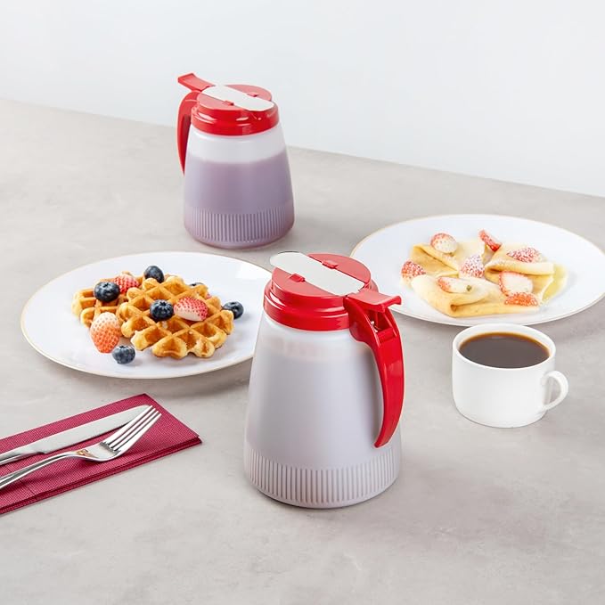 Restaurantware-Chef 101 48 Ounce All Purpose Syrup Dispenser, 1 Honey Dispenser - Red Top, Stainless Steel Slide Cover, Plastic Pancake Syrup Bottle, Perfect For Diners, Restaurants, Home