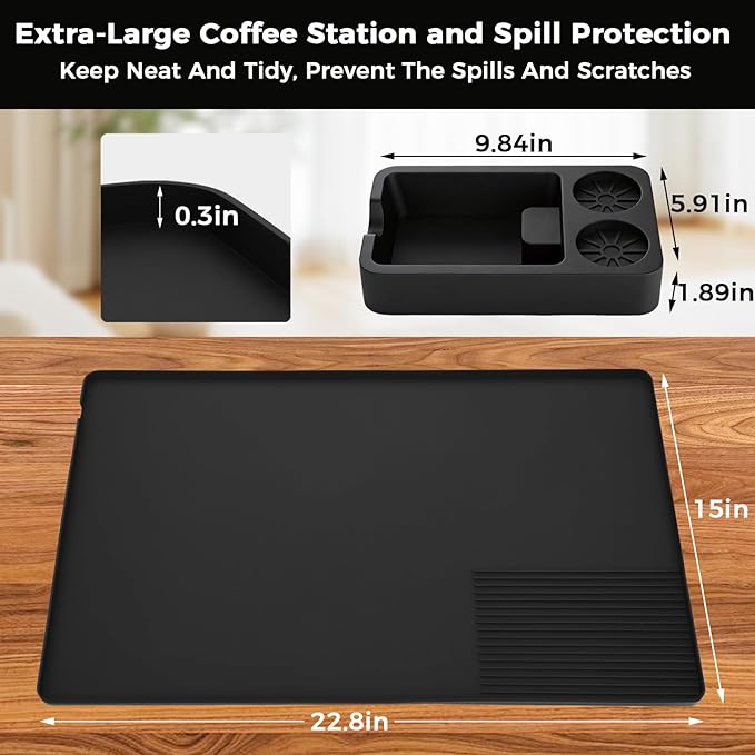 Silicone Coffee Mat for Ninja Luxe Espresso Machine ES601 – Large Anti-Slip Heat-Resistant Coffee Bar Mat for Ninja luxe Cafe Accessories and Most Home Espresso Machines with Convex Edge Inky