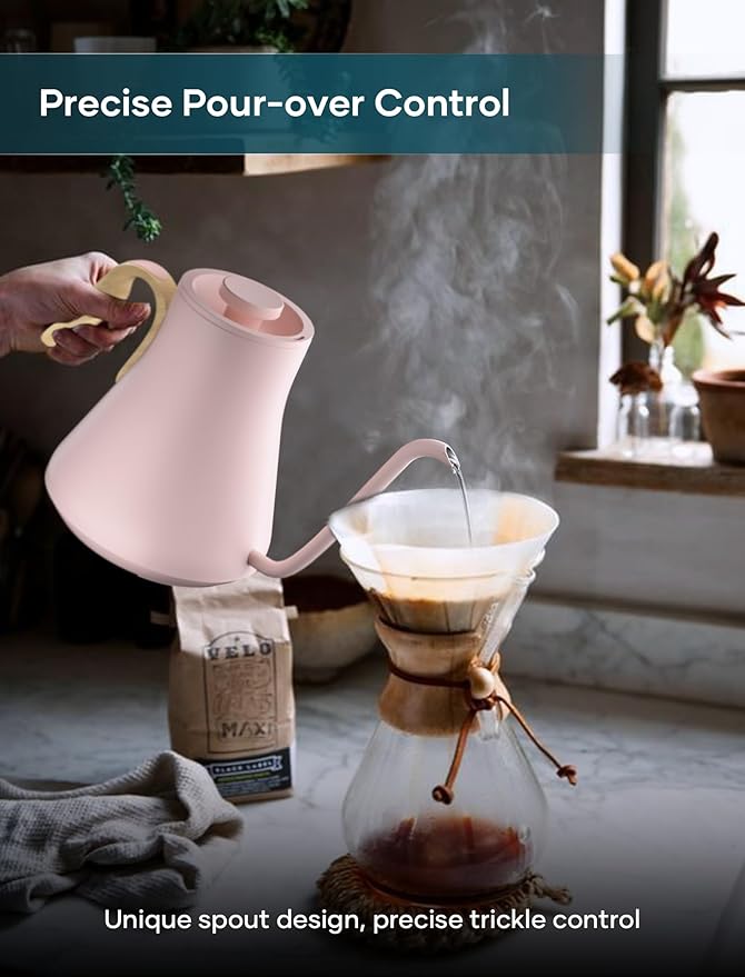 INTASTING Gooseneck Electric Kettle with ±1℉ Temperature Control for Pour Over Coffee & Tea, Quick Heating, BPA-Free Stainless Steel, Built-in Brew Timer, 1500W/0.9L (Munch Pink)