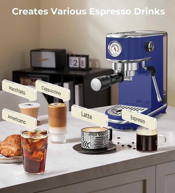 atatix 20 Bar Espresso Machine with Milk Frother, Compact Espresso Maker, Stainless Steel Coffee Machine with Precise Temp Control & 44oz Removable Water Tank for Latte, Cappuccino, Dark Blue
