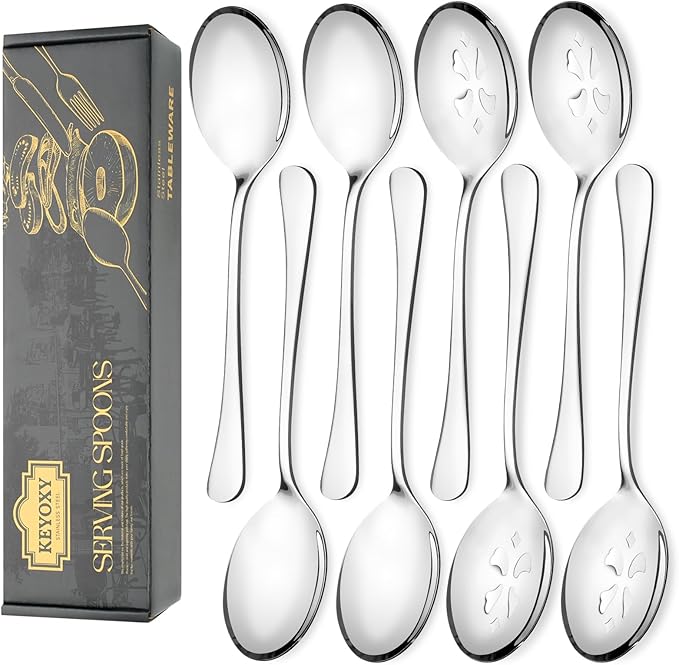 8 Piece Stainless Steel Serving Spoon Set - 4 Large, 4 Slotted,Dishwasher Safe,10-Inch, for Parties/Kitchen/Buffet/Catering