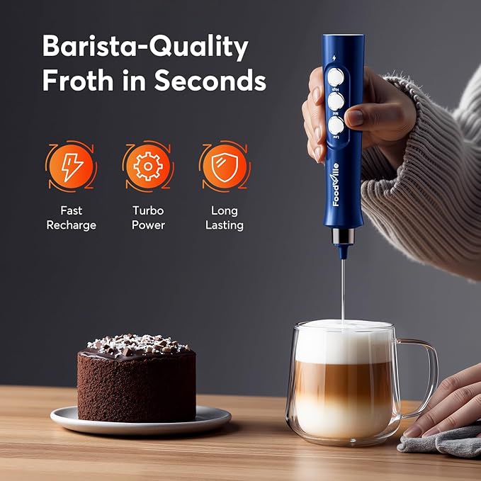 FoodVille MF02 Rechargeable Milk Frother Handheld Foam Maker with Stainless Whisk for Cappuccino, Latte, Bulletproof Coffee, Keto Diet, Protein Powder, Matcha (Classic Blue)