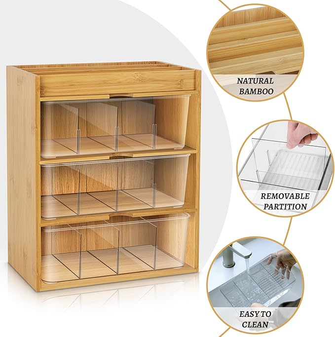 TIMIEEYA Tea Bag Organizer - Bamboo Tea Storage With Drawer 3 Layer, Organizer for Tea Bags Natural Wood & Acrylic for Countertop Office Kitchen Cabinet Pantry