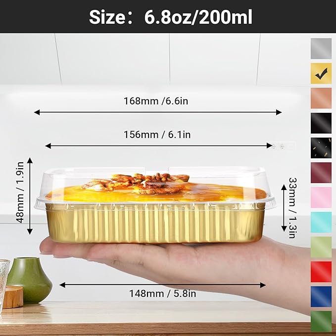 EUSOAR Gold Cupcake liners with Lids, 25pcs 6.8oz 6.5"x2.5"x1.2" Aluminum Disposable Mini Loaf Cake Pans with Lids，Cupcake Baking Cups Containers Ramekins, Dessert Cheesecake Creme Brulee Ramekins Pan