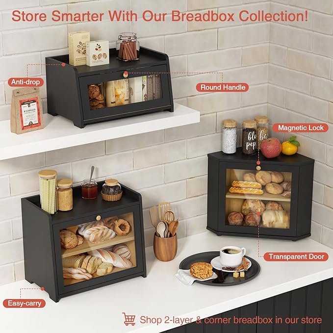 Goozii Black Bread Box for Kitchen Countertop, Small Vintage Counter Top Breadbox, Homemade Bread Storage Container for Sourdough Loaf, Farmhouse Wooden Corner Kitchen Counter Organizer for Cabinet