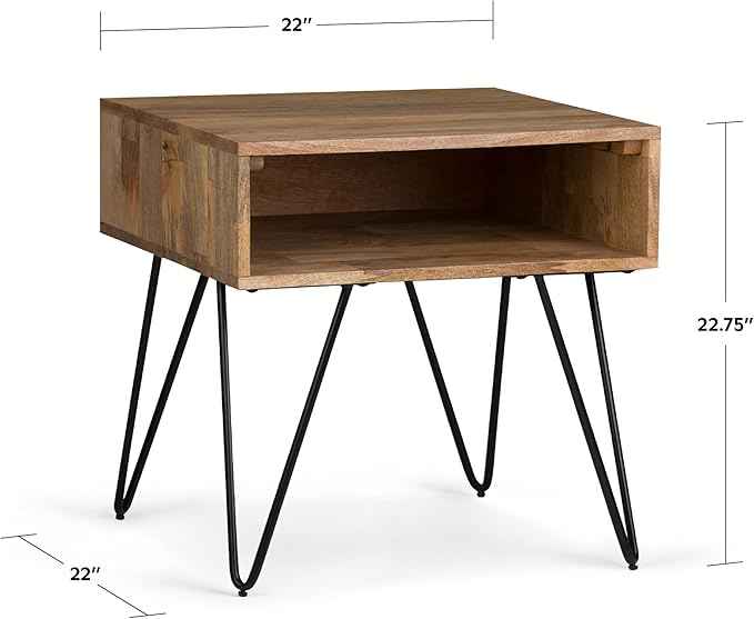 SIMPLIHOME Hunter End Table - 22 inch Wide Solid Mango Wood and Metal Square Accent Table with Open Storage Compartment and Hairpin Legs in Natural, Industrial Nightstand for Living Room or Bedroom