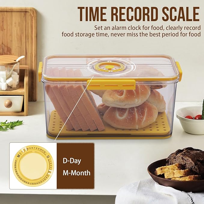 Gifhomfix Bread Box Airtight Bread Boxes for Kitchen Counter, Time Recording Bread Storage Container with Lid, Bread Holder for Homemade Bread, Toast, Bagel, Donut and Cookies, Yellow