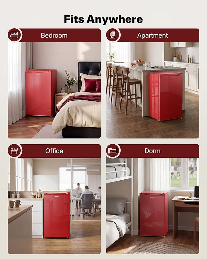 Upstreman 3.2 Cu.Ft Mini Fridge with Freezer, Single Door, Dorm Fridge, Adjustable Thermostat, Refrigerator for Dorm, Office, Bedroom, Red-BR321