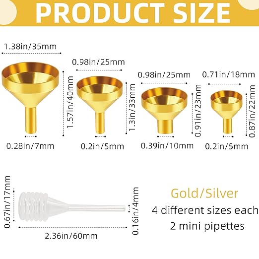 8 Pcs Small Metal Funnel,Mini Funnel for Essential Oil with 2 Pack Mini Pipette,Suitable for Filling Small Mini Bottles,Flask,Laboratory Bottles Powders Essential Oils Perfume(Silver and Gold)