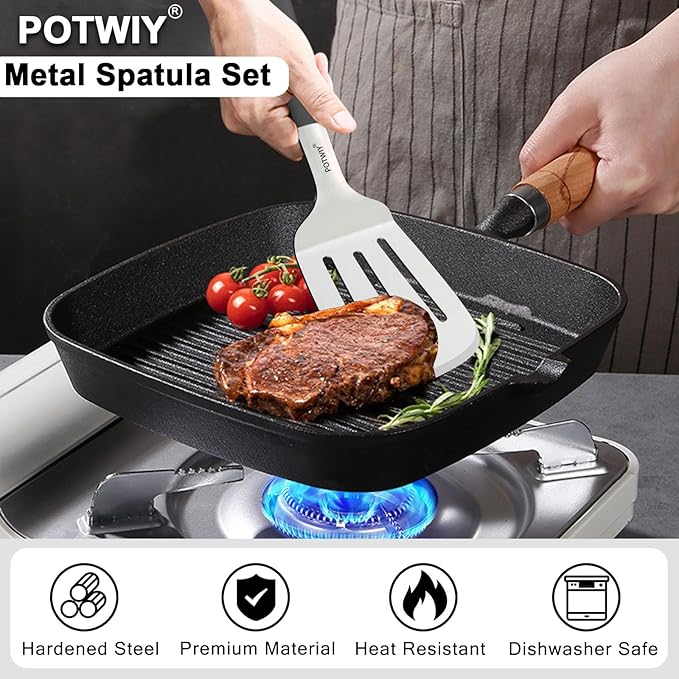 Slotted Spatula Stainless Steel, Large Metal Turner Spatula for Cast Iron Skillet and Flat Top Grills, Full Tang Silicone Handle, Heavy Duty Smash Burger & Egg Flipper, 4.6 x 3.7 In