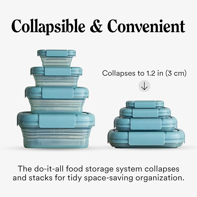 Stojo Nestable Collapsible Food Storage Container -Set of 4, Eucalyptus- Leak-Proof Airtight Seal Made With Food Grade Silicone For Meal Prep, Lunch Box, Pantry Organizer - Microwave & Dishwasher Safe
