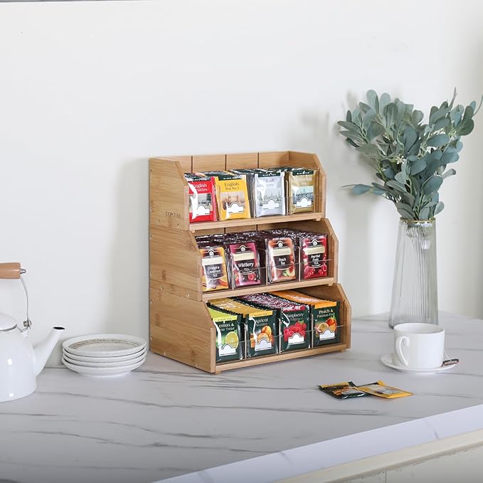 TIOPGHAD 3 Layer Stackable Bamboo Tea Bag Organizer Storage Holder for Tea Bags Wood Tea Box Containers Tea Rack Teabag Station Stand for Cabinet Countertop Office(Patented Design)