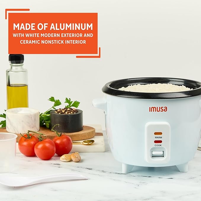 IMUSA Mini Electric Rice Cooker 6 Cup Cooked 3 Cup Uncooked – Ceramic Nonstick Pot, Small Multi Cooker for Rice, Quinoa, Oatmeal, Stew – Keep Warm – Compact for Dorm RV Kitchen