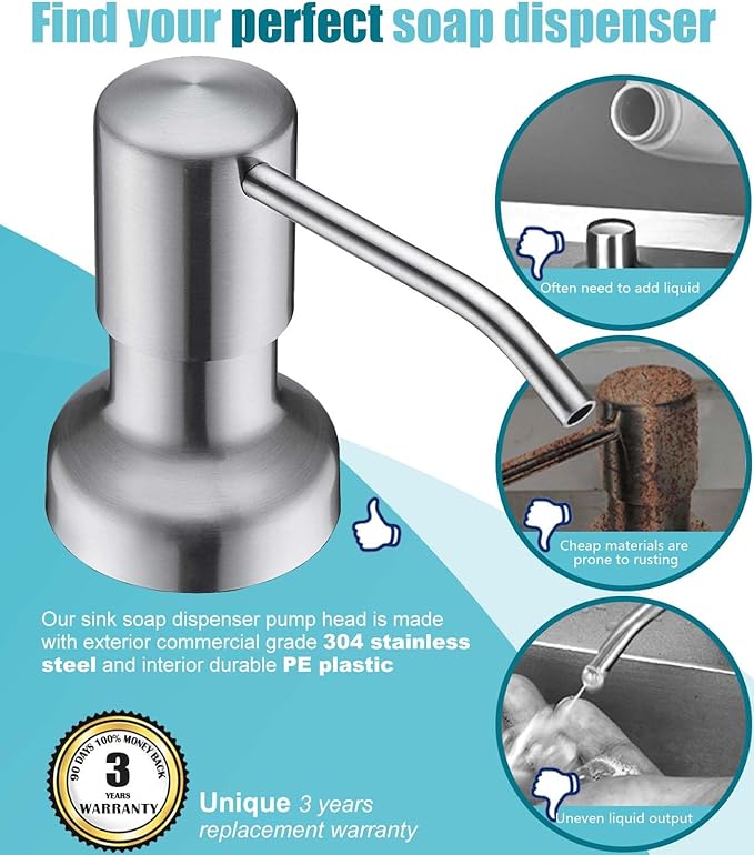 Soap Dispenser for Kitchen Sink, SonTiy Kitchen Dish Soap Dispenser Pump Brushed Stainless Steel Liquid Soap Dispenser with 47" No-Spill Extension Tube with Check Valve+17 OZ Bottle, Powerful Suction