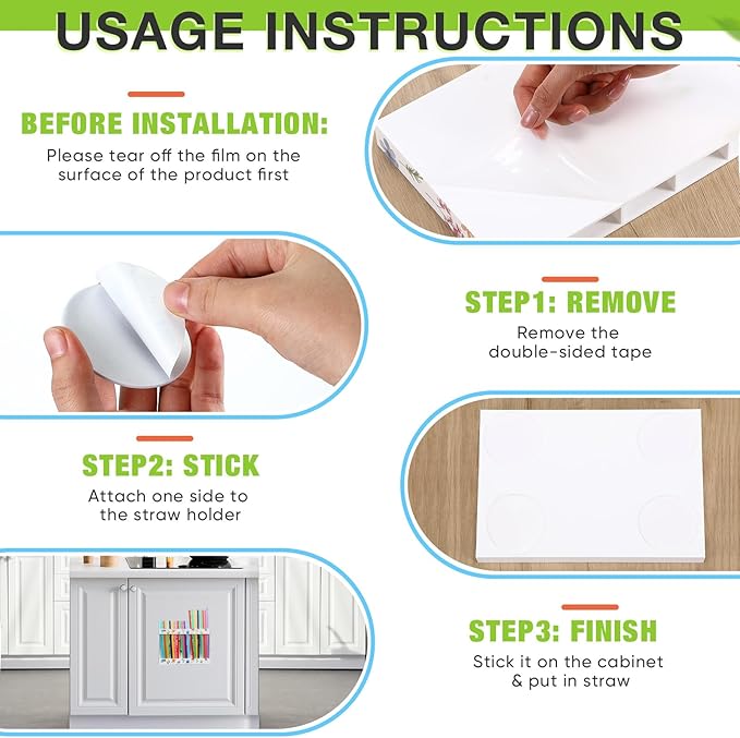 Qinyoung Acrylic Straw Holder for Cabinet Door with Double Sided Adhesive Tape Reusable Straw Organizer Tumbler Storage Kitchen Accessories Container for Counter Cupboard(Floral,Large,White)