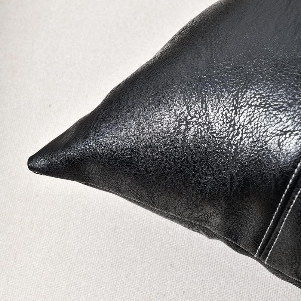 Fancy Homi Black Lumbar Faux Leather Decorative Throw Pillow Covers 12x20 Inch for Living Room Couch Bed Sofa, Boho Farmhouse Home Decor, Hand Stitched Rectangle Cushion Case 30x50 cm