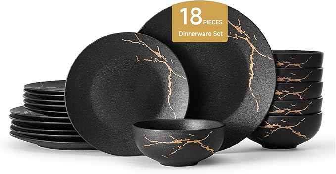 KINGSTONE Dinnerware Sets for 6 Porcelain Plates and Bowls Sets 18 Piece Matte Black with Gold Vein Dish Set Scratch Resistant Dinner Salad Plate Dishware for Wedding Party Daily