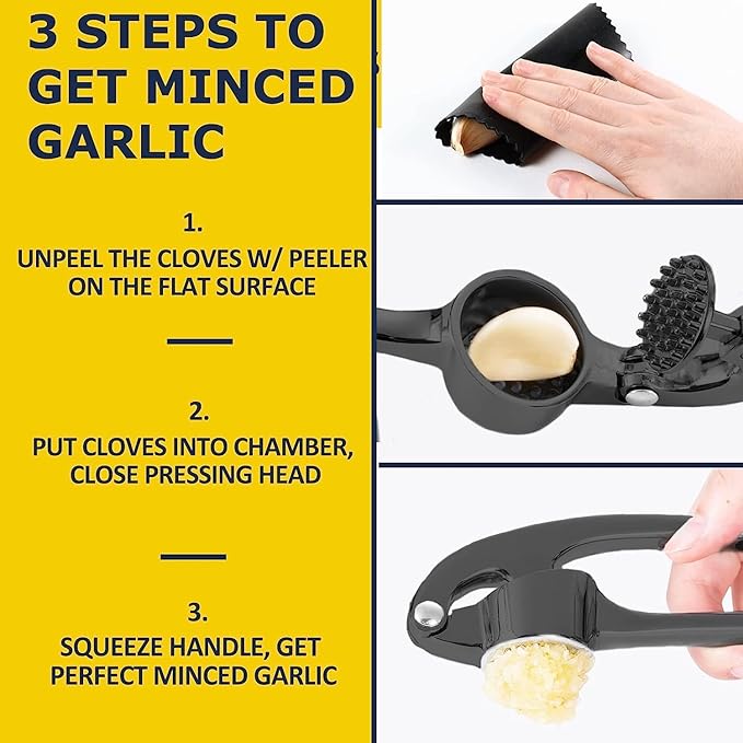 Premium Garlic Press Stainless Steel - Elevate Your Culinary Experience with Our Premium Garlic Mincer, Crusher & Peeler Set, Dishwasher Safe & Rust-proof (Matte-Black)