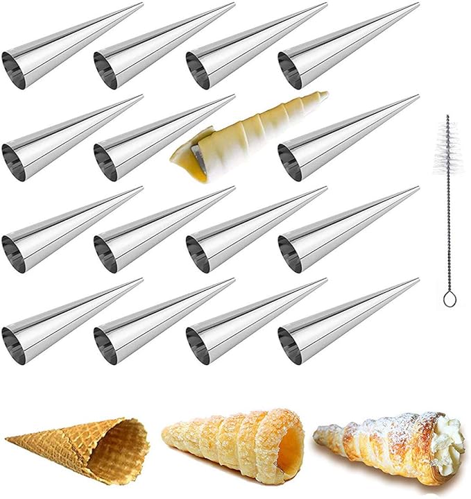 Non-stick Cream Horn Molds Stainless Steel, FantasyDay 5 inch Large Size Cannoli Tubes Kit Pack of 16 Baking Cones Pastry Roll Horn Croissant Mold - Christmas Anniversary Free Standing Cone Shape