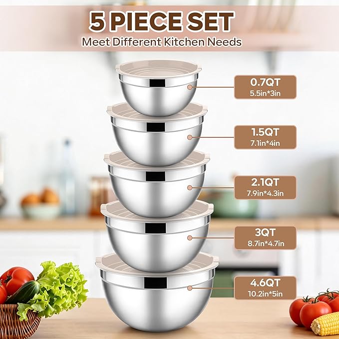 E-far Mixing Bowls With Lids Sets of 5, 10-Piece Stainless Steel Salad Metal Nesting Bowl for Baking Cooking and Prepping, Airtight Lid & Stackable Design, Size 4.6, 3, 2.1, 1.5, 0.7 QT, Khaki