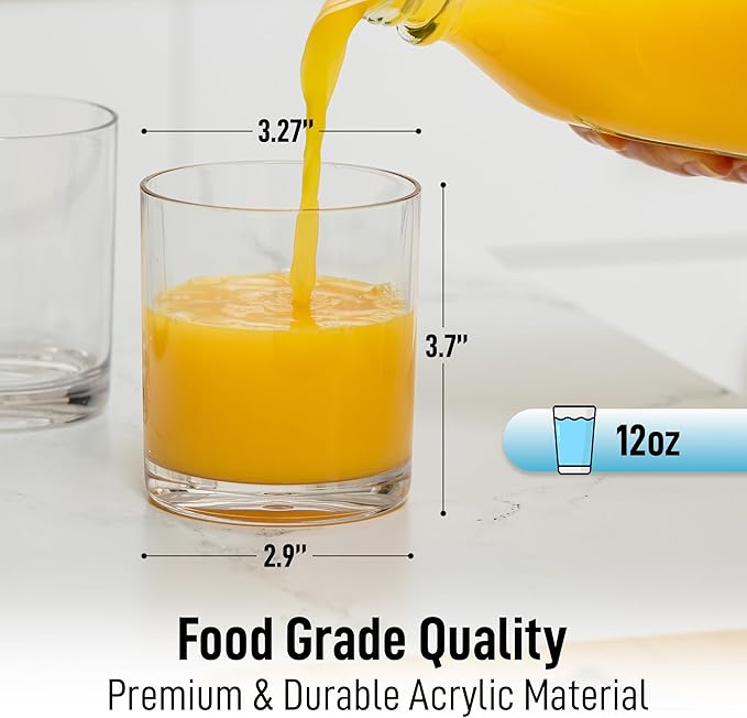 Zulay Kitchen Plastic Drinking Glasses (Set of 6) – 12oz Rocks Acrylic Shatterproof Cups for Home, Kitchen & Outdoors – Crystal Clear Glass Look – BPA & Lead-Free – Top-Rack Dishwasher Safe