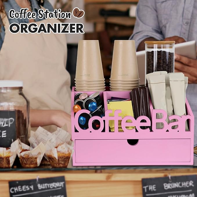 Coffee Bar Organizer for Countertop – Wooden Coffee Station, Tea and K Cup, Condiment Storage Rack, Coffee Pod Holder for Home and Office Counter Organization (Drawer - Pink)