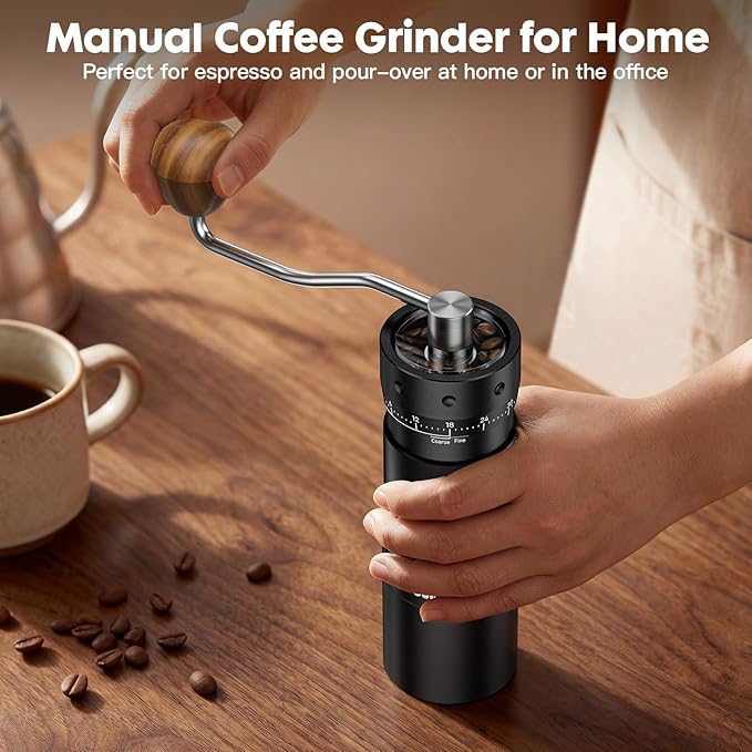 COOL KNIGHT Manual Coffee Grinder, 7-Edge SUS420 Stainless Steel Conical Burr, 72-Click External Adjustment, 25g Capacity, Aluminum Body, Walnut Handle, Magnetic Catch Cup for Espresso & Pour Over
