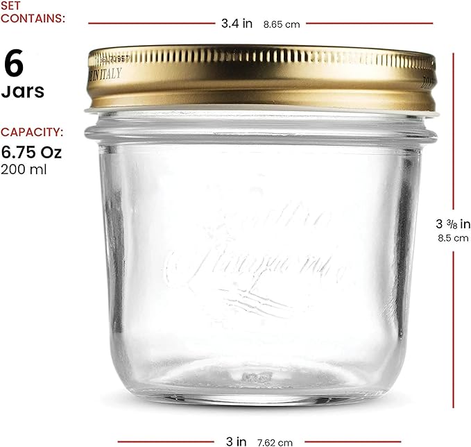 Bormioli Rocco Quattro Stagioni 6.75 oz Glass Preserving Jar (Set of 6) - Wide‑Mouth Twist‑Top Canister with Airtight Seal - Bee embossed Storage & Serving Vessel - Made in Italy, BPA‑Free