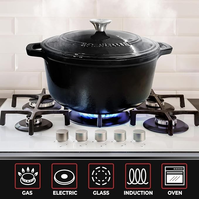 MUELLER HOME 4.5 QT Enameled Cast Iron Dutch Oven, Heavy-Duty Casserole Dish and Braiser Pan with Lid and Stainless Knob, Oven-Safe up to 500° F & Across All Cooktops, Black