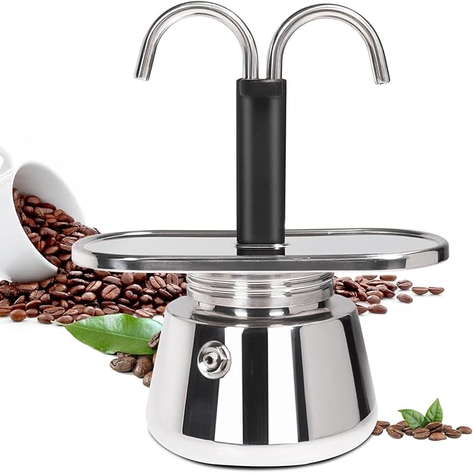 2 Cup Dual Pipe Moka Pot Stainless Steel Stovetop Espresso Maker Cafeteras Italian Percolator Espress Makers Capable Greca Mocha Coffee Machine for Induction Home 150ml 5.1oz