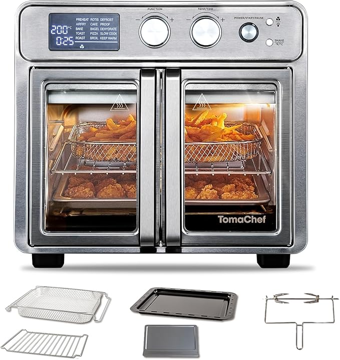TomaChef 26QT French Door Air Fryer Toaster Oven Combo, 15 Cooking Functions including Rotisserie, and Digital Controls, 30 Recipes & 5 Accessories, Stainless Steel Finish