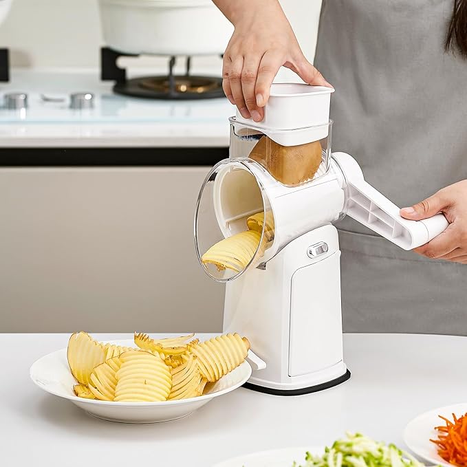 Rotary Cheese Grater Hand Crank, 5 in 1 Mandoline Vegetable Slicer - 5 Sets of Blades,Strong Suction Base&Easy to Clean - Kitchen Cheese Grater Shredder with Handle for Fruit,Vegetable,Nuts