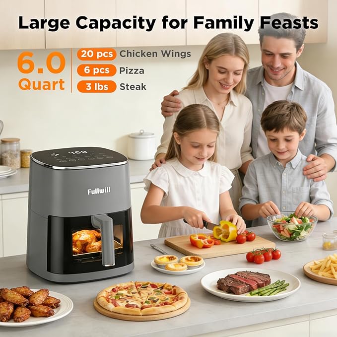 Fullwill 6QT Air Fryer with Viewing Window,12-in-1 Multi-Function Air Fry,Roast,Bake, Dehydrate, Fries,Nonstick and Dishwasher-Safe Basket,Family&friends Party,Max 400℉ Crisping 1700W,Gray