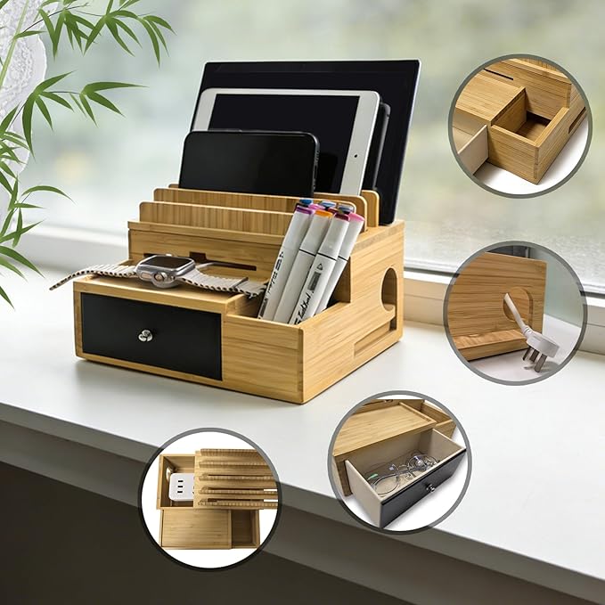 Bamboo Charging Organizer for Multi-Devices, with Drawer and Pen Holder, Nightstand Desk Charging Stations Electronic Organizer for Cell Phone, Tablet, Etc (with 5-Cable, No USB Charger)