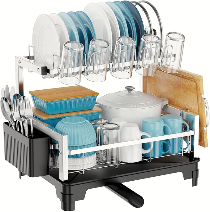 GSlife Stainless Steel Dish Drying Rack 2 Tier, Compact Dish Racks for Kitchen Counter with Cutting Board Holder, Auto-Drain Spout, Rust Proof Dish Drainer for Apartment, 21" L x 12.6" W, Silver