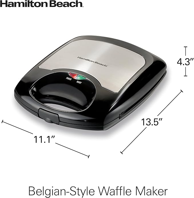Hamilton Beach Non-Stick Belgian Waffle Maker with Indicator Lights, Makes 4 4" x 5" Mini Waffles, Hashbrowns or Keto Chaffles at Once, Compact Design for Easy Storage, Black & Stainless Steel (26020)