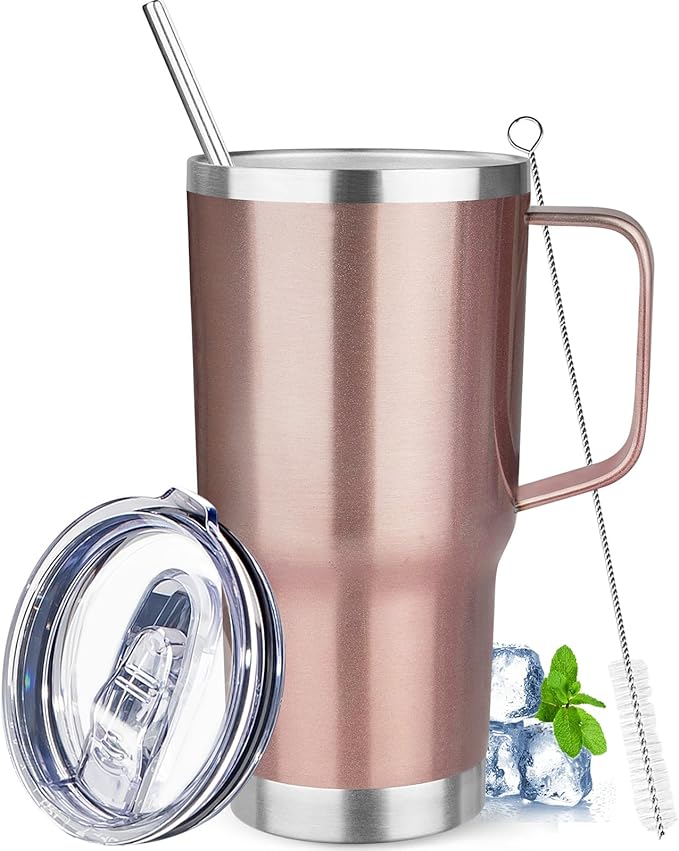 20 oz Tumbler with Handle Stainless Steel Insulated Coffee Tumbler with Lid and Straw Double Wall Vacuum Insulated Coffee Mug Leak Proof Travel Mug Tumbler for Hot and Cold Drink (Rose Gold,1pack)