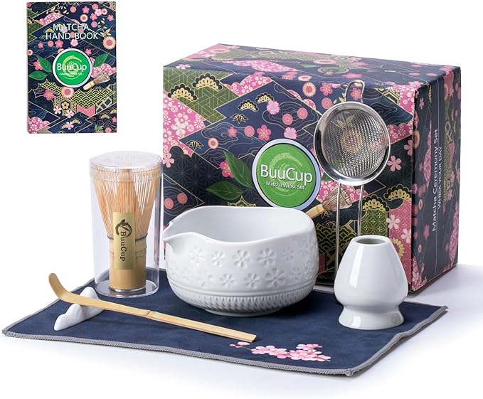 Buucup Matcha Whisk Set, Ceramic Matcha Kit Set Includes Matcha Bowl, Matcha Whisk and Holder, Bamboo Scoop, Scoop Rest, Sifter and Tea Towel - 7 Pcs Matcha Kit for Matcha Lovers(White)