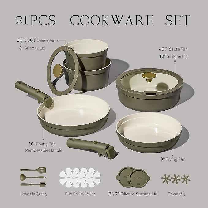 Carote 21pcs Ceramic Cookware Set with Detachable Handles, Pots and Pans Set Non Stick, RV Kitchen Cooking Pot and Pan, Dishwasher Safe, Non-toxic Induction Cookware PFAS and PFOA Free, Olive Green
