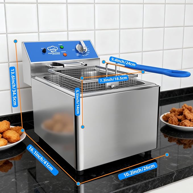 TOPKITCH 8L Professional Electric Fryer, 1800 W Commercial Electric Fryer Made of Stainless Steel with Basket, Temperature Control 80-200 °C, Fast Heating for Restaurant and Home