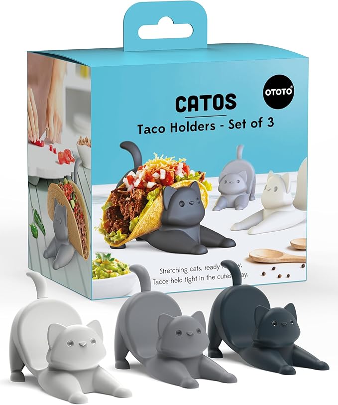 NEW - OTOTO Catos Taco Holder Set of 3 - Taco Shell Holder, Taco Stand, Taco Tray, Cute Kitchen Accessories, Weird Gifts, Cooking Gifts, Funny Gifts, Taco Stands for 3 Tacos, Fun Kitchen Gadgets