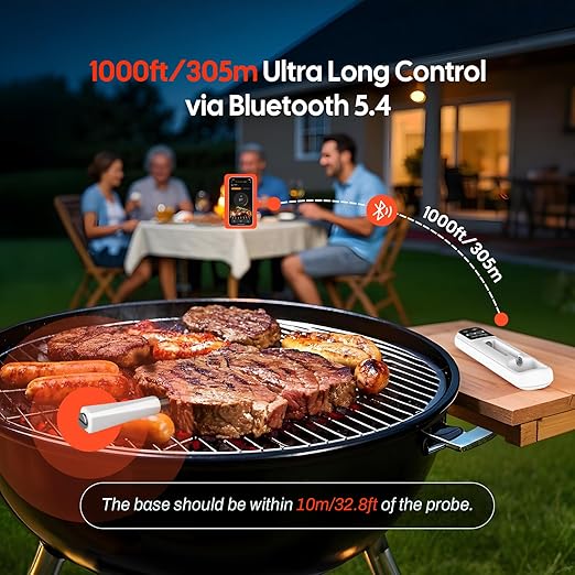 INKBIRD Mini Wireless Meat Thermometer, Bluetooth 5.4,1000ft/305m Ultra Long Connection, 60 Min Offline Data Storage, IP67 Waterproof, White LED Display, Ideal for BBQ, Grill, and Smoker