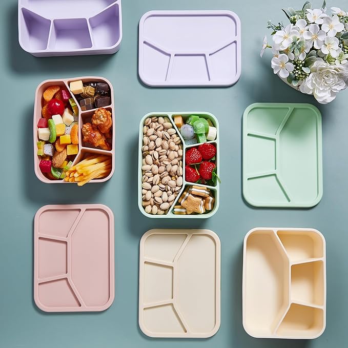 Ziliny 4 Pcs Silicone Bento Box Reusable Lunch Container Smooth Leak Proof Lunch Box Rectangle Bento Boxes for Adult Work Travel Food Meal Compartment Storage, 4 Colors (Light Color)